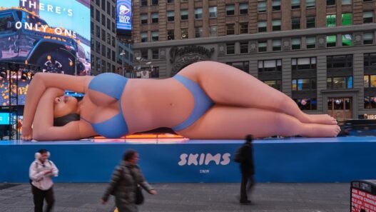 Kim Kardashian Promotes Skims Swim with a Blue Bikini Clad Blow Up Doll in Times Square